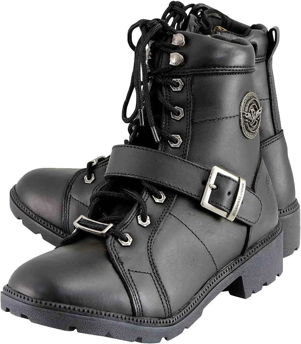 Milwaukee Leather MBL9325 Women's Premium Black Lace-Up Classic Leather Motorcycle Biker Boots w/Side Zipper