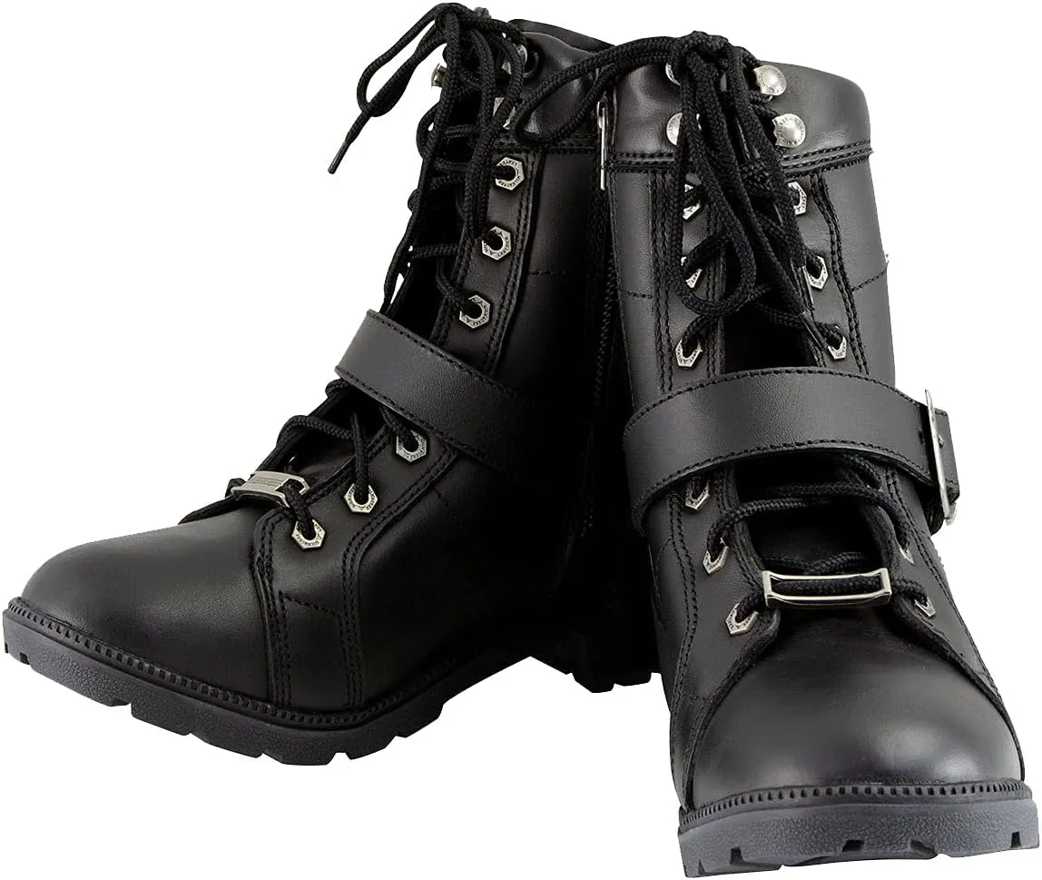 Milwaukee Leather MBL9325 Women's Premium Black Lace-Up Classic Leather Motorcycle Biker Boots w/Side Zipper