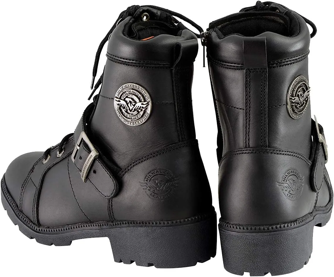 Milwaukee Leather MBL9325 Women's Premium Black Lace-Up Classic Leather Motorcycle Biker Boots w/Side Zipper