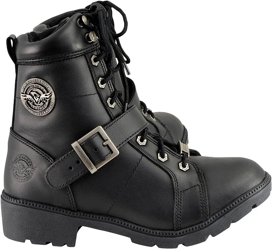 Milwaukee Leather MBL9325 Women's Premium Black Lace-Up Classic Leather Motorcycle Biker Boots w/Side Zipper