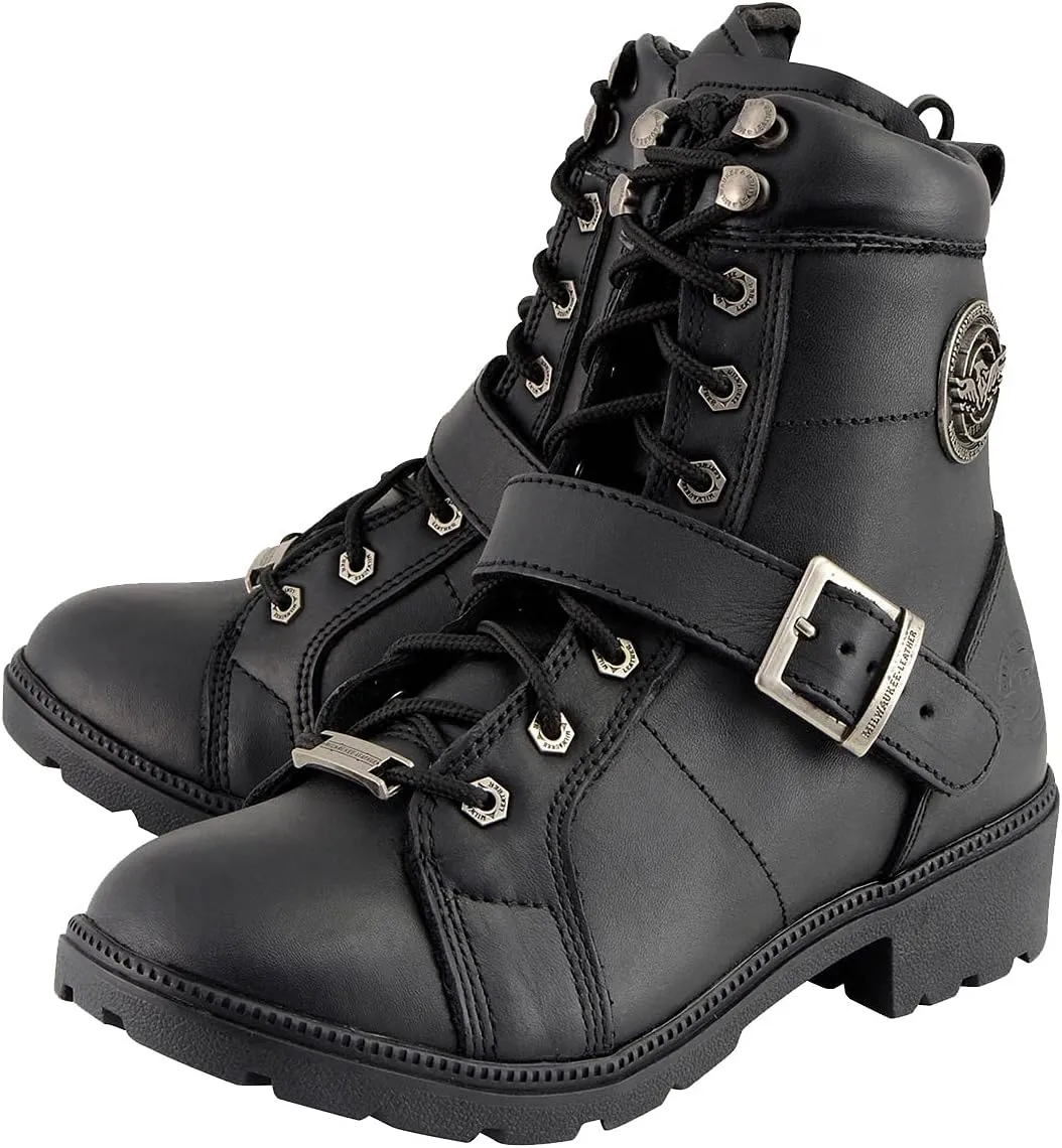 Milwaukee Leather MBL9325W Women's Premium Black Leather Lace-Up Motorcycle Biker Rider Boots in Wide Width Size