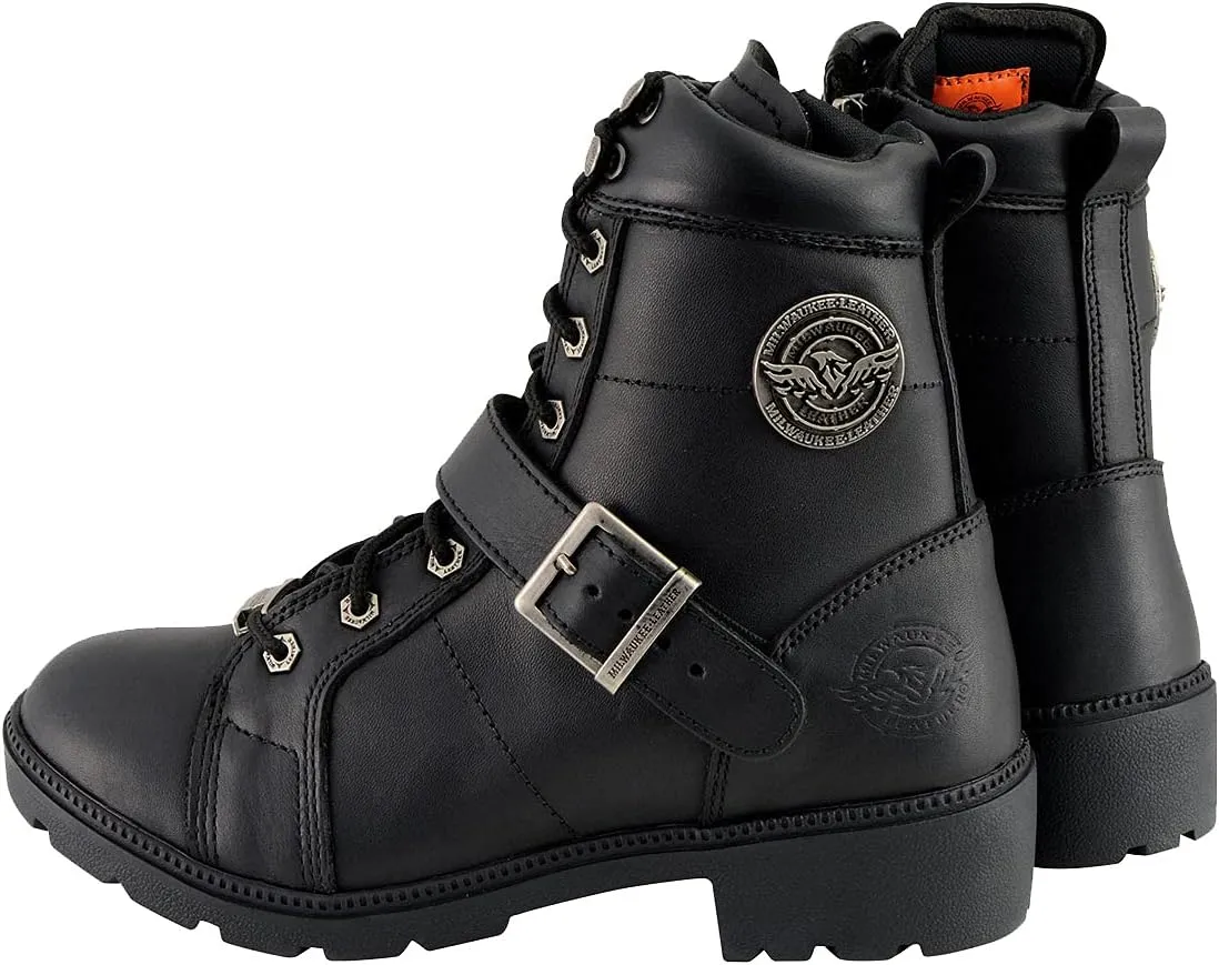 Milwaukee Leather MBL9325W Women's Premium Black Leather Lace-Up Motorcycle Biker Rider Boots in Wide Width Size