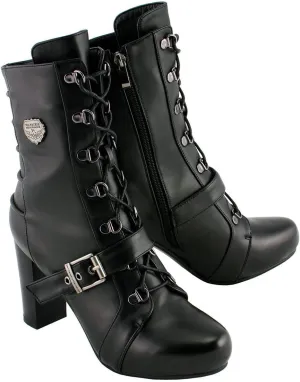 Milwaukee Leather MBL9431 Women's Black Lace-Up Fashion Boots with Block Heel and Buckle Strap