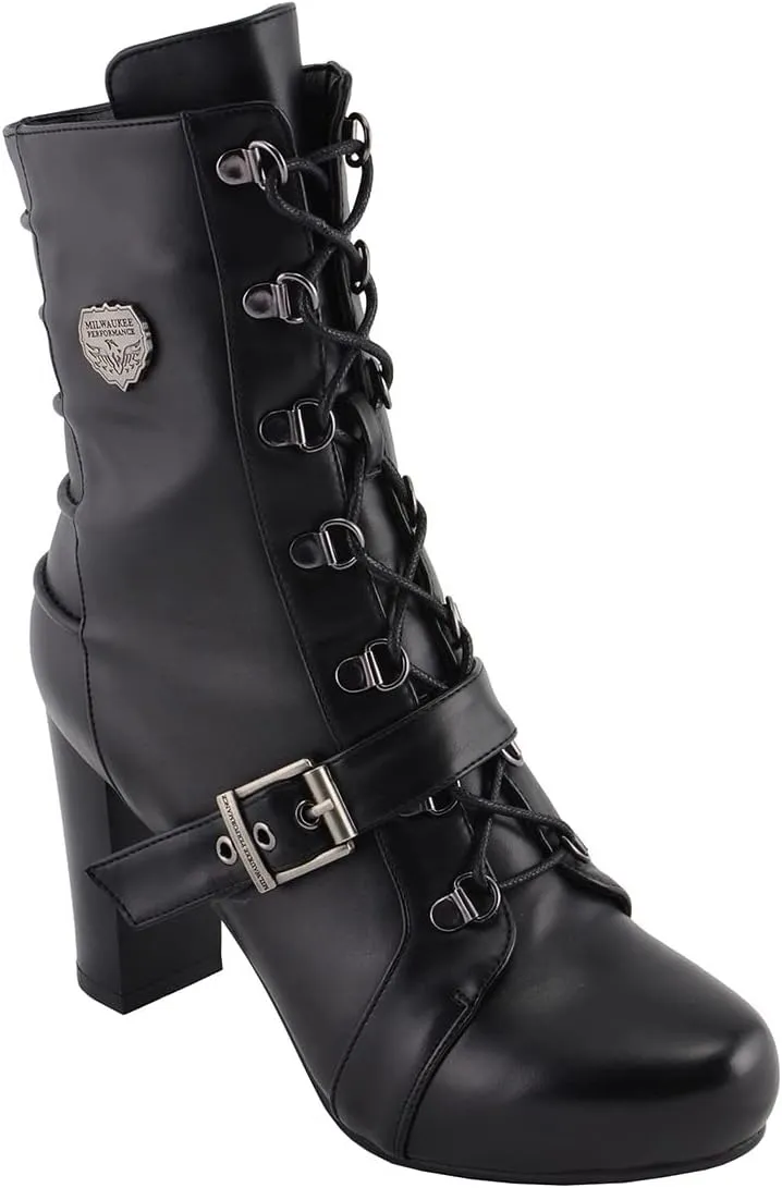 Milwaukee Leather MBL9431 Women's Black Lace-Up Fashion Boots with Block Heel and Buckle Strap