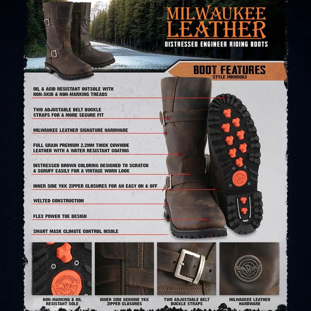 Milwaukee Leather MBM9063 Men's Classic Distressed Brown Leather Motorcycle Engineer Riding Biker Boots - 9.5