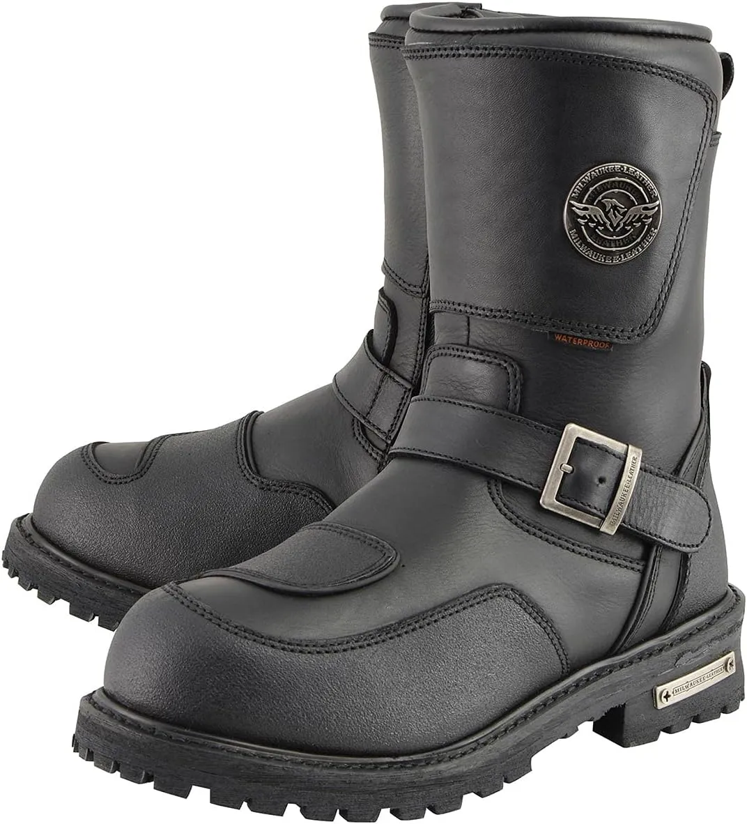Milwaukee Leather Men's Black Wide Width 9-inch Waterproof Engineer Leather Biker Boots with Reflective Piping MBM9071WP