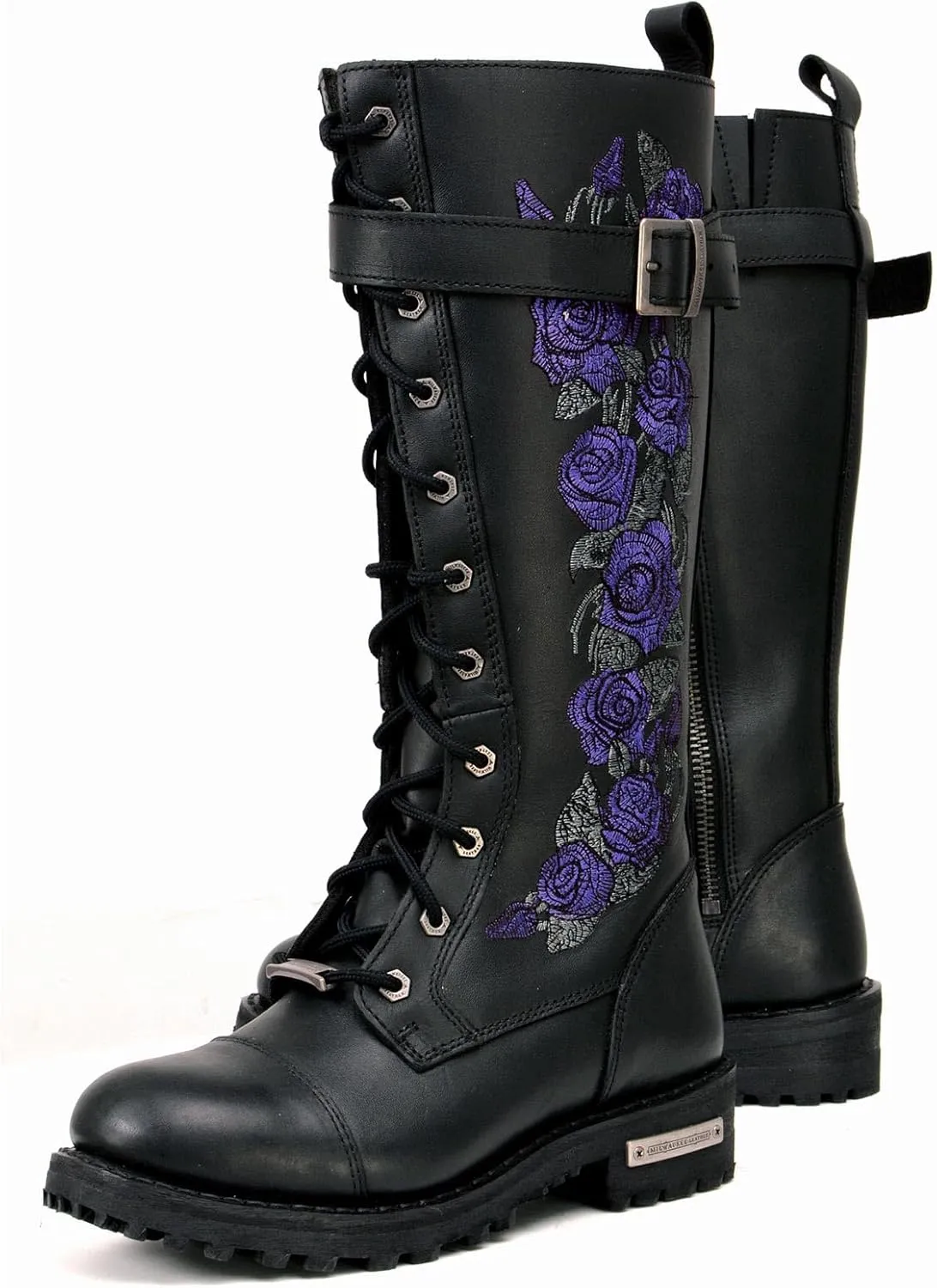 Milwaukee Leather Women's Black Leather 14-Inch Knee High Tall Motorcycle Boots Lace-Up w/Embroidery MBL9356 MBL9357