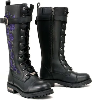 Milwaukee Leather Women's Black Leather 14-Inch Knee High Tall Motorcycle Boots Lace-Up w/Embroidery MBL9356 MBL9357