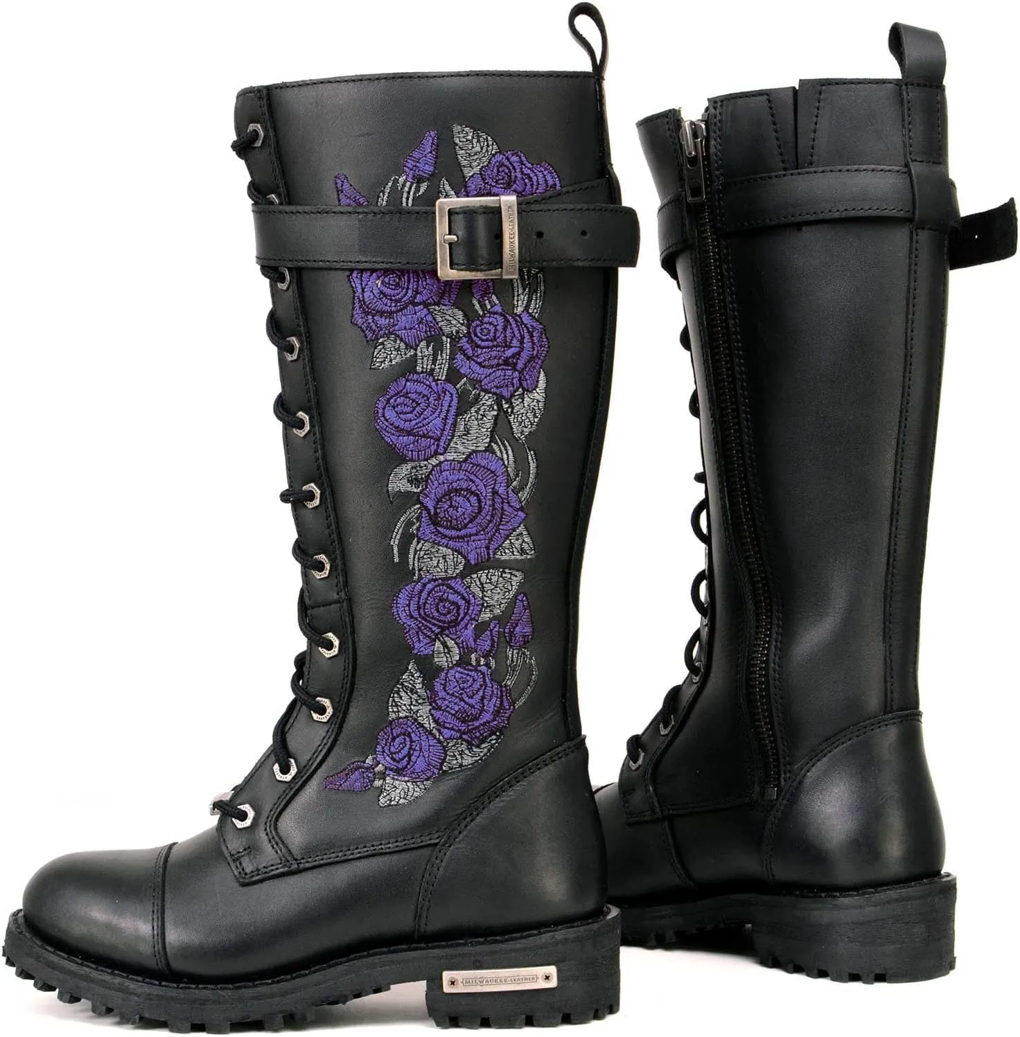 Milwaukee Leather Women's Black Leather 14-Inch Knee High Tall Motorcycle Boots Lace-Up w/Embroidery MBL9356 MBL9357