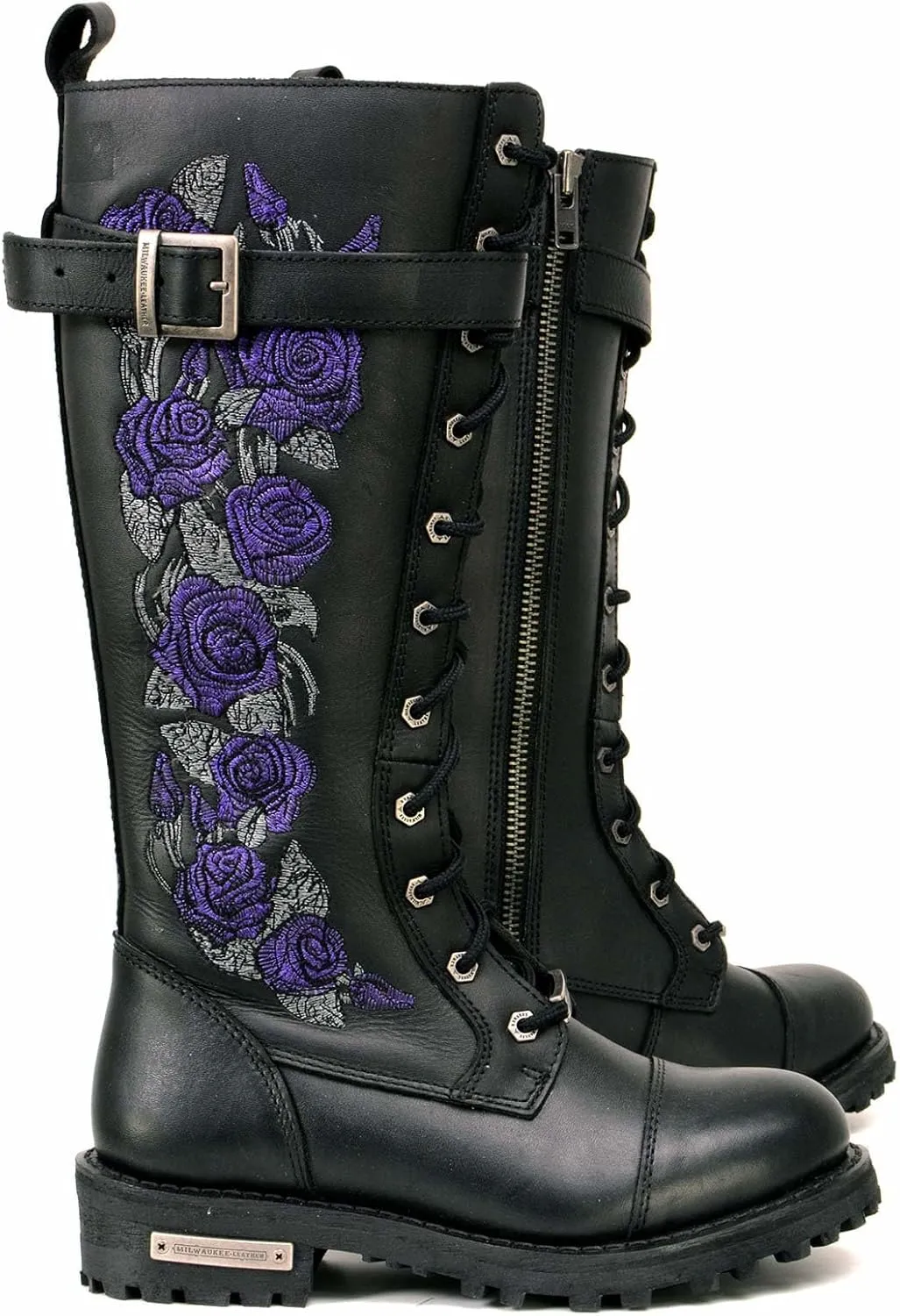 Milwaukee Leather Women's Black Leather 14-Inch Knee High Tall Motorcycle Boots Lace-Up w/Embroidery MBL9356 MBL9357