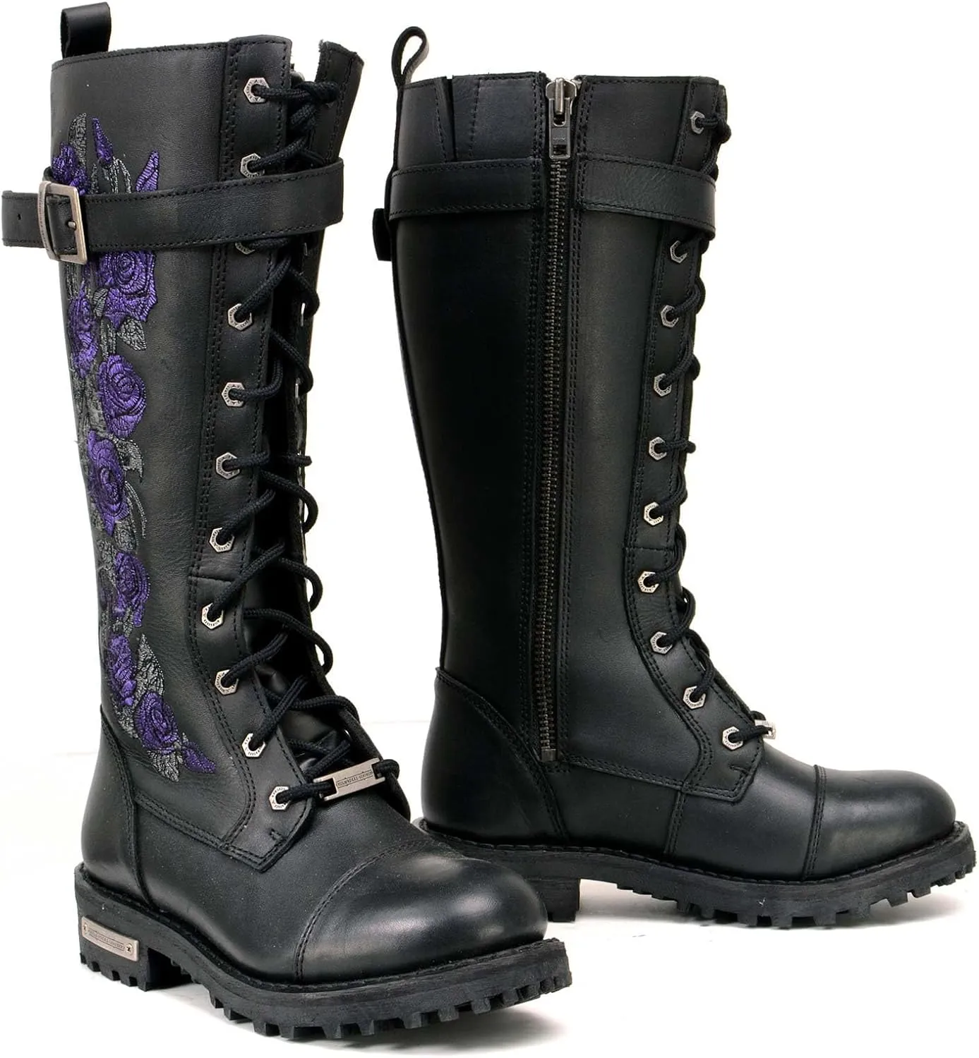 Milwaukee Leather Women's Black Leather 14-Inch Knee High Tall Motorcycle Boots Lace-Up w/Embroidery MBL9356 MBL9357
