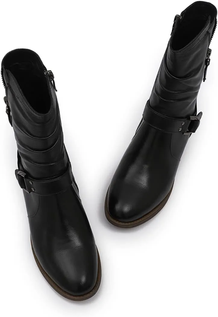 Mona flying Women's Comfort Mid Calf Leather Booties Inside zip Fashion Round Toe Biker Boots Low Heel Dress Engineer Boots