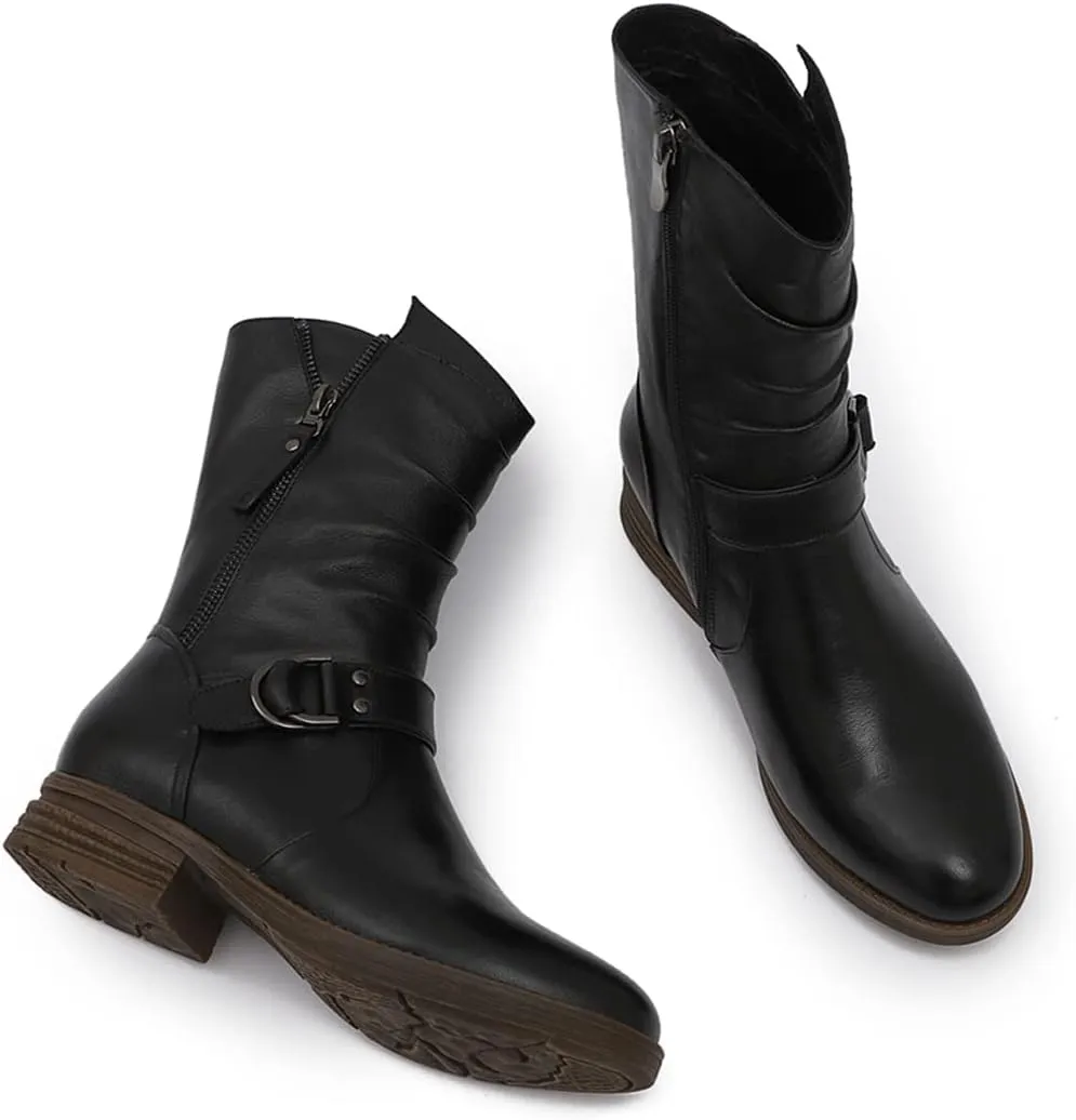 Mona flying Women's Comfort Mid Calf Leather Booties Inside zip Fashion Round Toe Biker Boots Low Heel Dress Engineer Boots