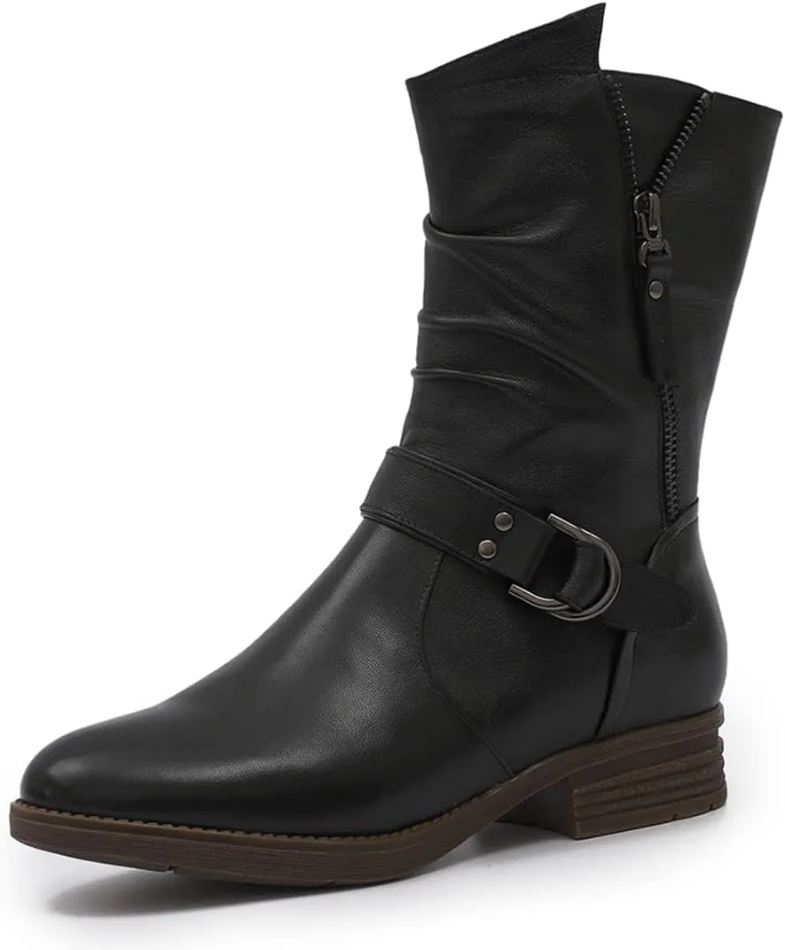 Mona flying Women's Comfort Mid Calf Leather Booties Inside zip Fashion Round Toe Biker Boots Low Heel Dress Engineer Boots