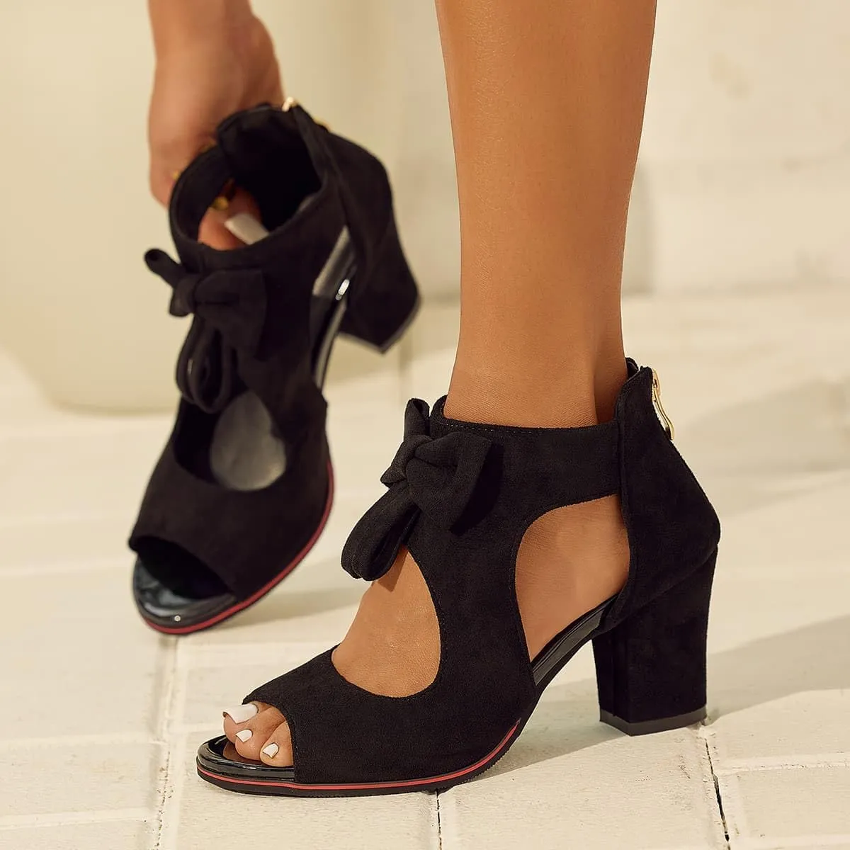 Monrovia Women's Bows Chunky High Heels Sandals Comfortable Open Toe Ankle Cutout Back Zip Sandals Fashion Summer Dress Party Shoes