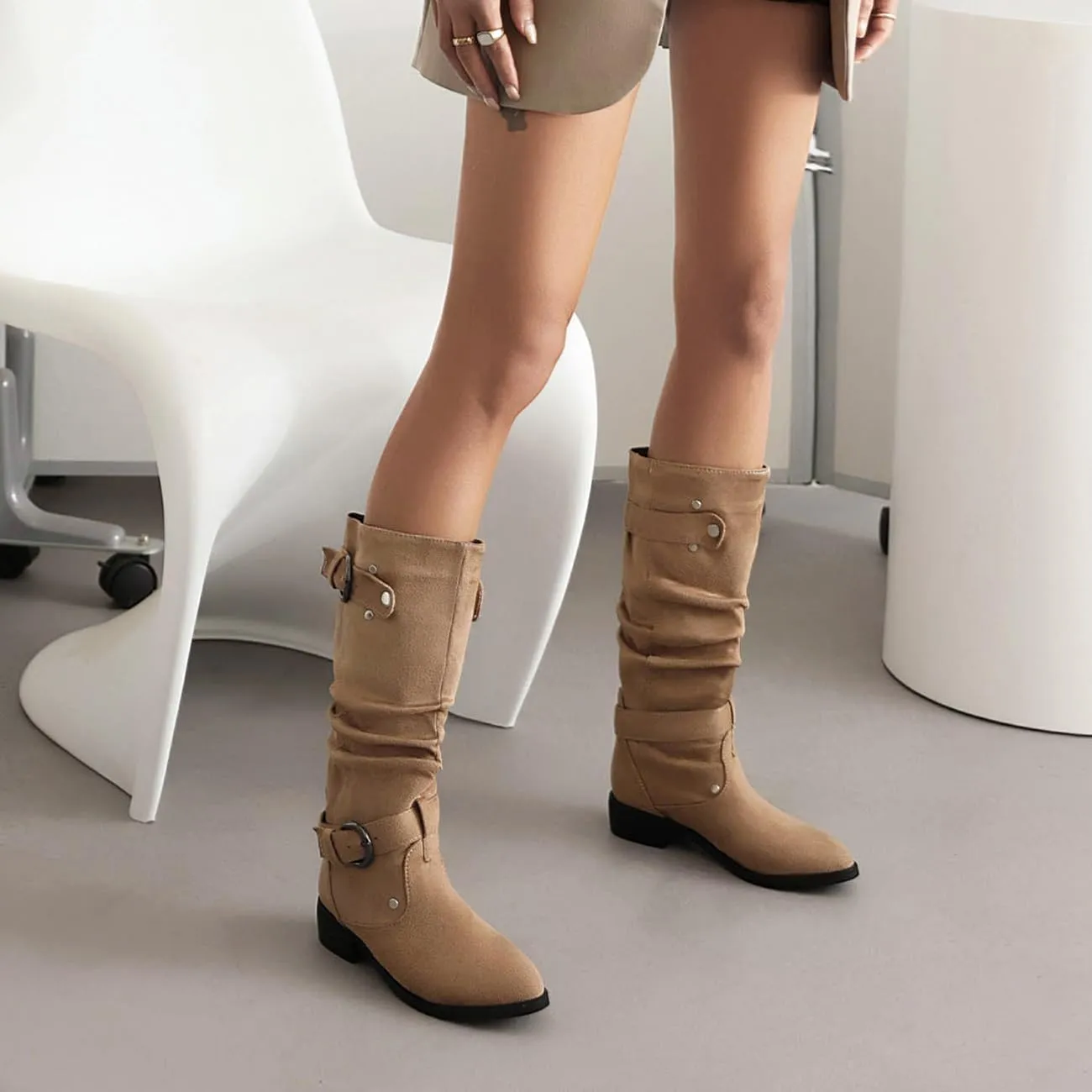 MRKEWUNEY Casual Womens Shelley Knee High Slouch Boots Pull On Internal Increase Pleated Mid Calf Boots