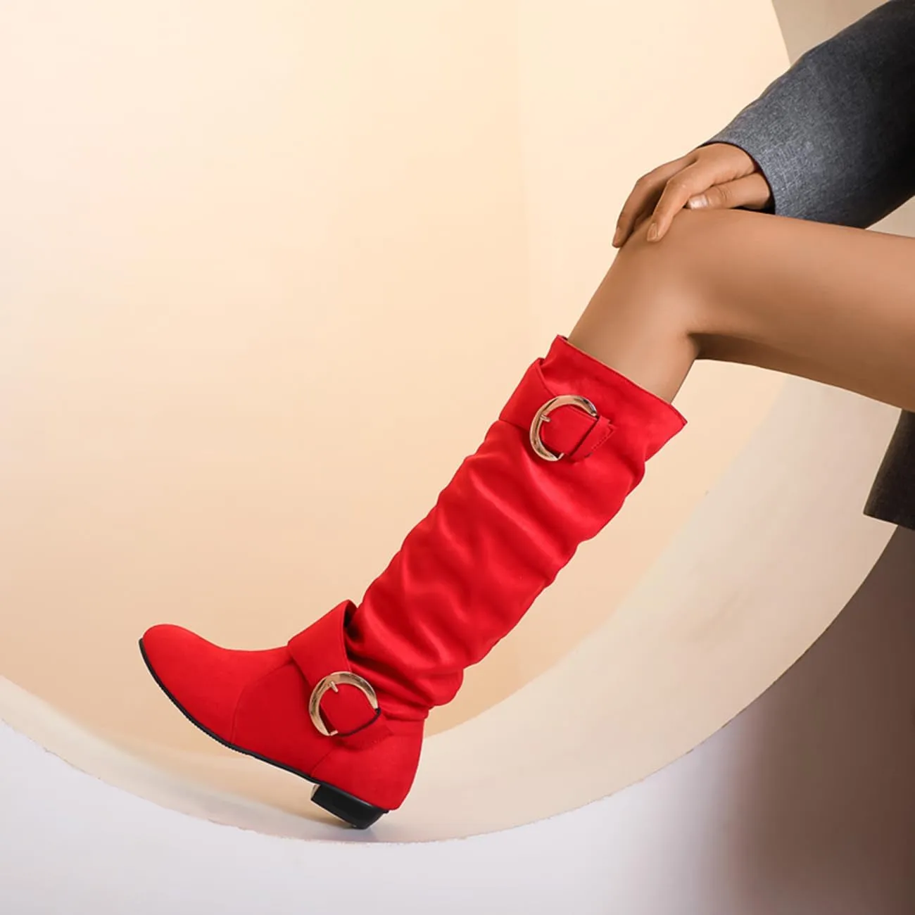MRKEWUNEY Casual Womens Shelley Knee High Slouch Boots Pull On Internal Increase Pleated Mid Calf Boots