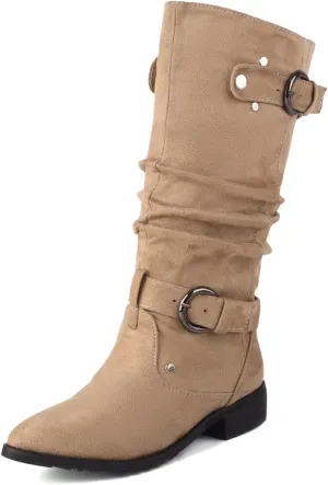 MRKEWUNEY Casual Womens Shelley Knee High Slouch Boots Pull On Internal Increase Pleated Mid Calf Boots