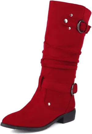 MRKEWUNEY Casual Womens Shelley Knee High Slouch Boots Pull On Internal Increase Pleated Mid Calf Boots