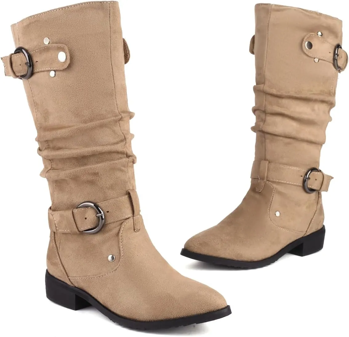 MRKEWUNEY Casual Womens Shelley Knee High Slouch Boots Pull On Internal Increase Pleated Mid Calf Boots