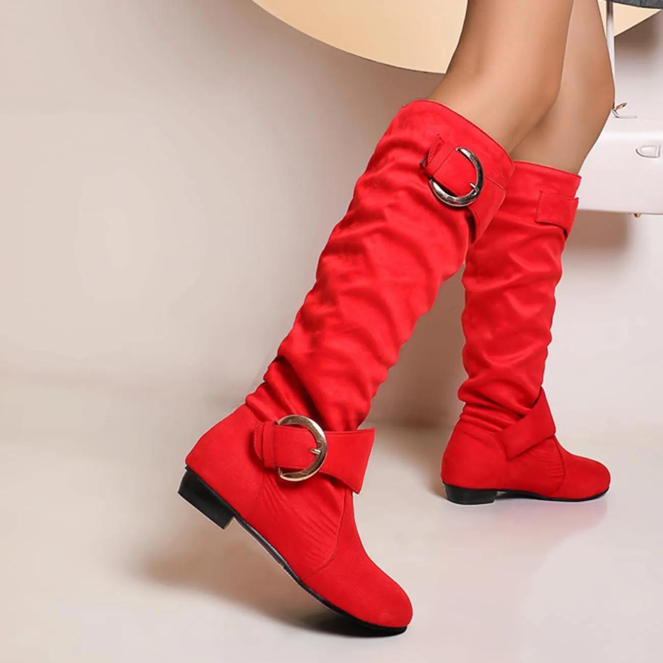 MRKEWUNEY Casual Womens Shelley Knee High Slouch Boots Pull On Internal Increase Pleated Mid Calf Boots