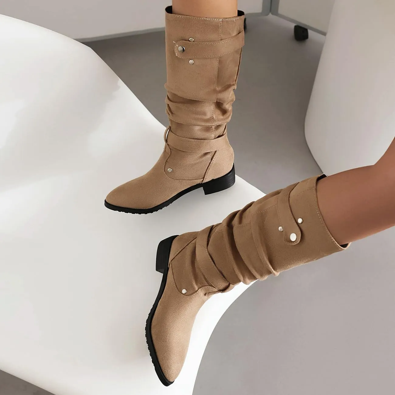 MRKEWUNEY Casual Womens Shelley Knee High Slouch Boots Pull On Internal Increase Pleated Mid Calf Boots