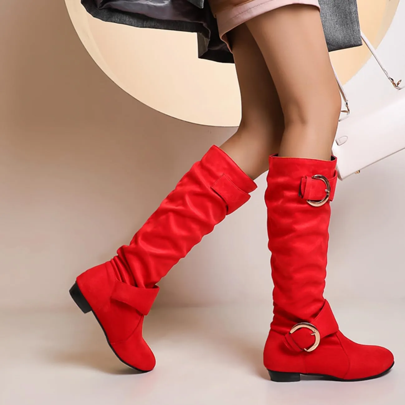 MRKEWUNEY Casual Womens Shelley Knee High Slouch Boots Pull On Internal Increase Pleated Mid Calf Boots