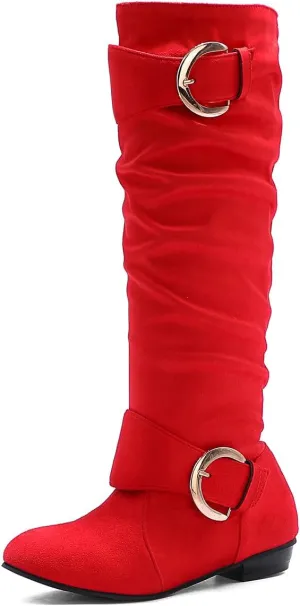 MRKEWUNEY Casual Womens Shelley Knee High Slouch Boots Pull On Internal Increase Pleated Mid Calf Boots