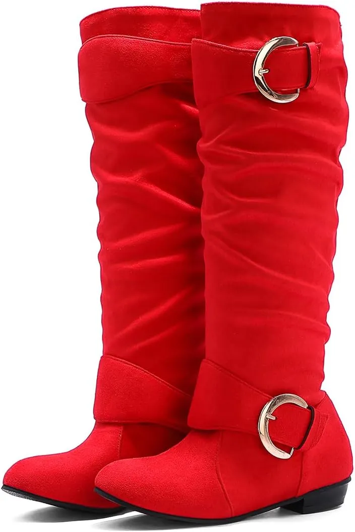 MRKEWUNEY Casual Womens Shelley Knee High Slouch Boots Pull On Internal Increase Pleated Mid Calf Boots