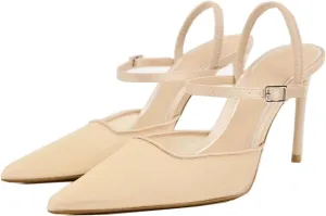 MRKEWUNEY Fashion Mesh Slingback Pumps Shoes for Women Ankle Strap Pointed Toe Pumps