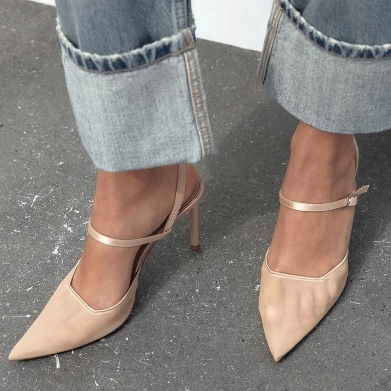 MRKEWUNEY Fashion Mesh Slingback Pumps Shoes for Women Ankle Strap Pointed Toe Pumps