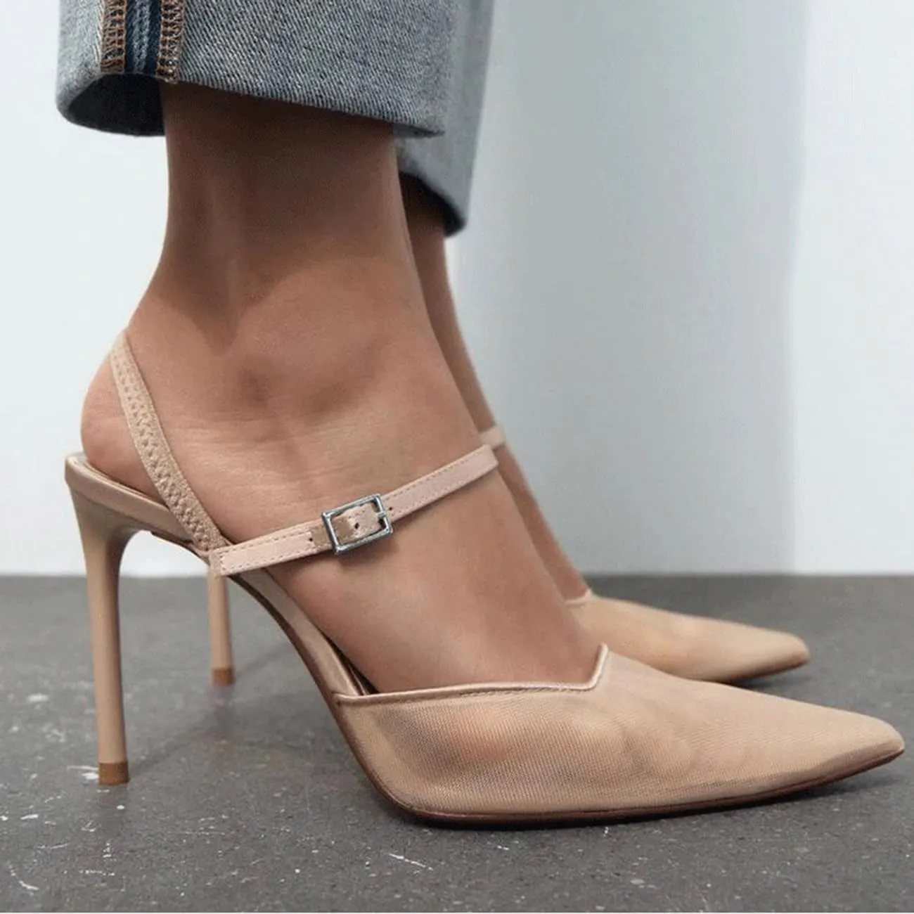 MRKEWUNEY Fashion Mesh Slingback Pumps Shoes for Women Ankle Strap Pointed Toe Pumps