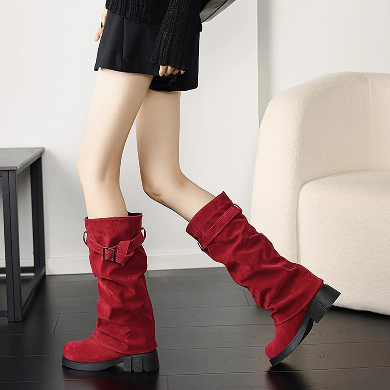 MRKEWUNEY Womens Chunky Low Heel Fold Over Boots Slouchy Biker Boots Platform knee High Boots