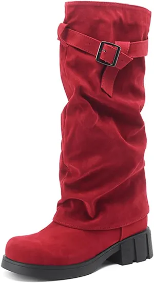 MRKEWUNEY Womens Chunky Low Heel Fold Over Boots Slouchy Biker Boots Platform knee High Boots
