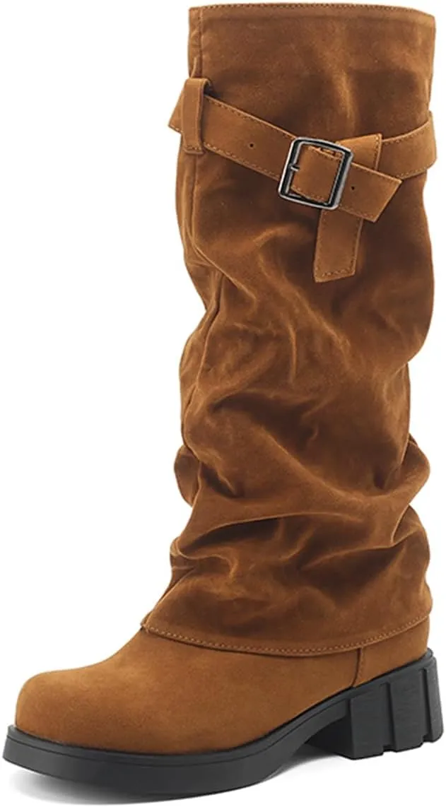 MRKEWUNEY Womens Chunky Low Heel Fold Over Boots Slouchy Biker Boots Platform knee High Boots