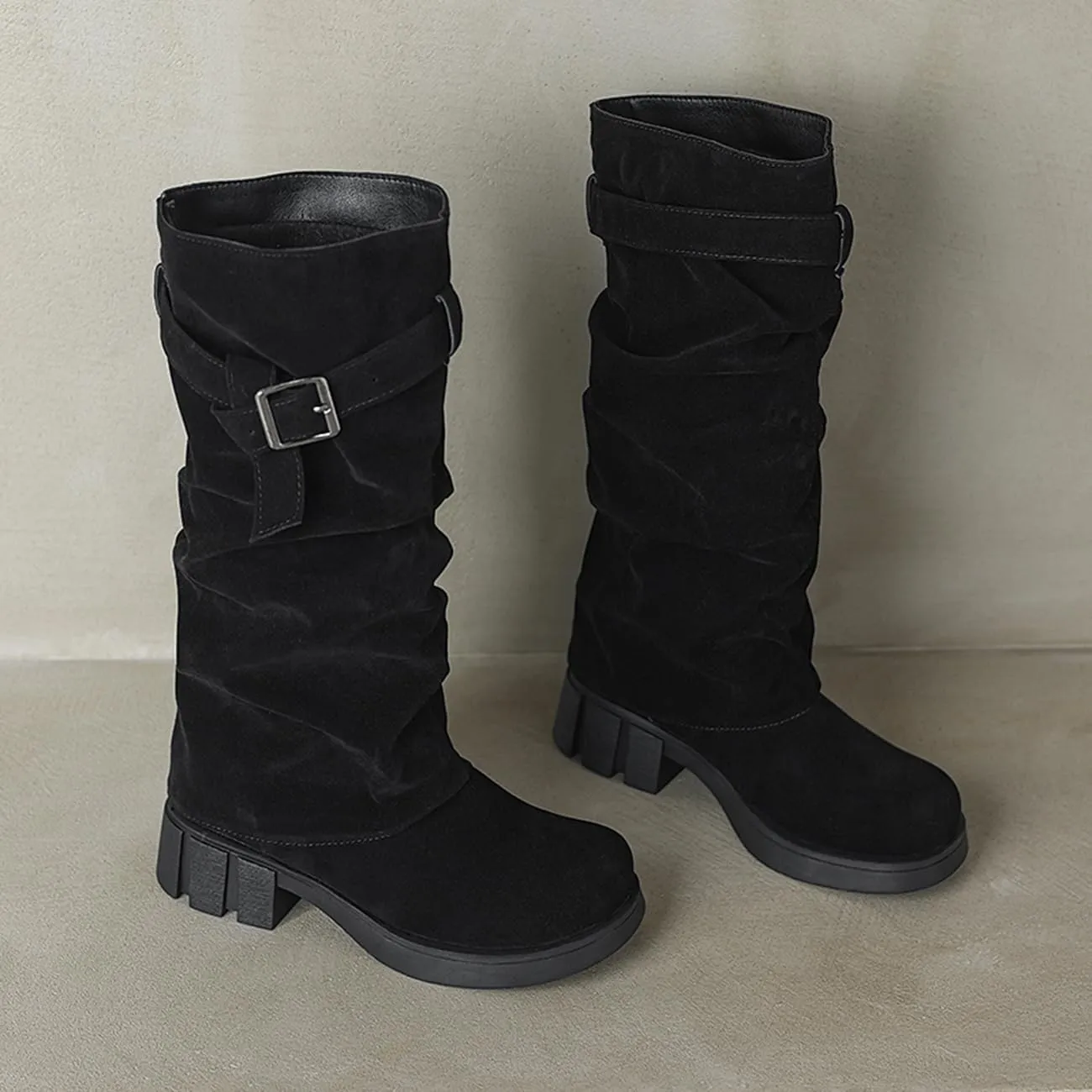 MRKEWUNEY Womens Chunky Low Heel Fold Over Boots Slouchy Biker Boots Platform knee High Boots