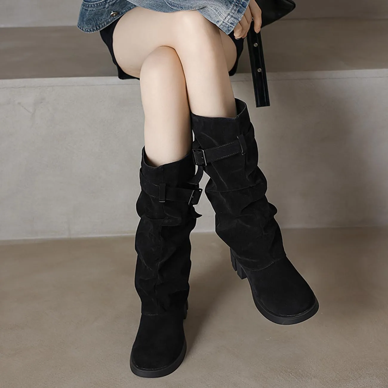 MRKEWUNEY Womens Chunky Low Heel Fold Over Boots Slouchy Biker Boots Platform knee High Boots