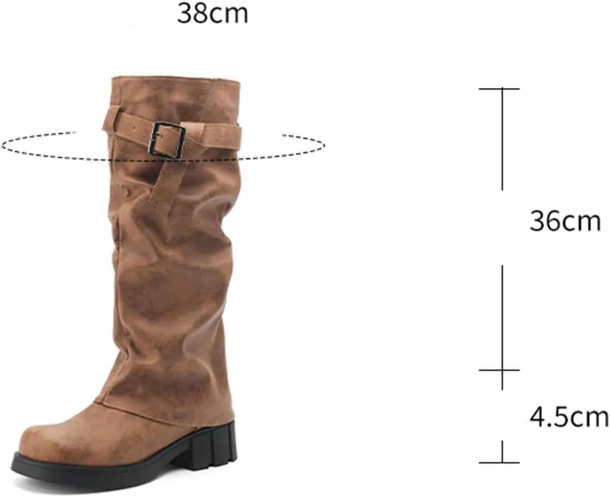 MRKEWUNEY Womens Chunky Low Heel Fold Over Boots Slouchy Biker Boots Platform knee High Boots