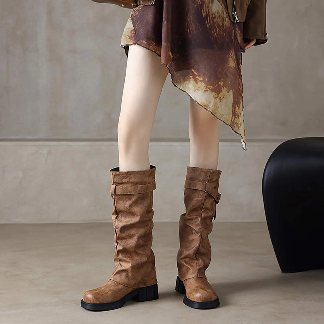 MRKEWUNEY Womens Chunky Low Heel Fold Over Boots Slouchy Biker Boots Platform knee High Boots