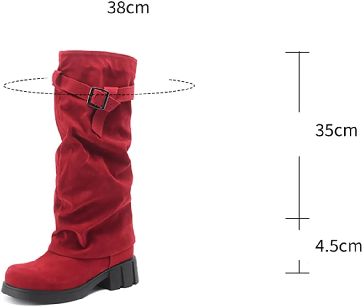 MRKEWUNEY Womens Chunky Low Heel Fold Over Boots Slouchy Biker Boots Platform knee High Boots