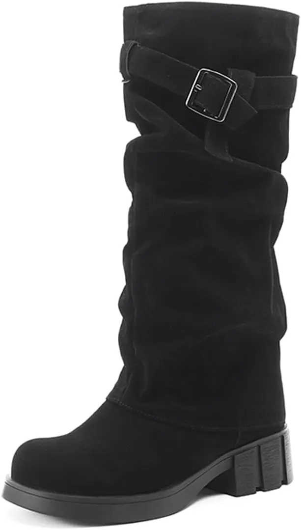 MRKEWUNEY Womens Chunky Low Heel Fold Over Boots Slouchy Biker Boots Platform knee High Boots