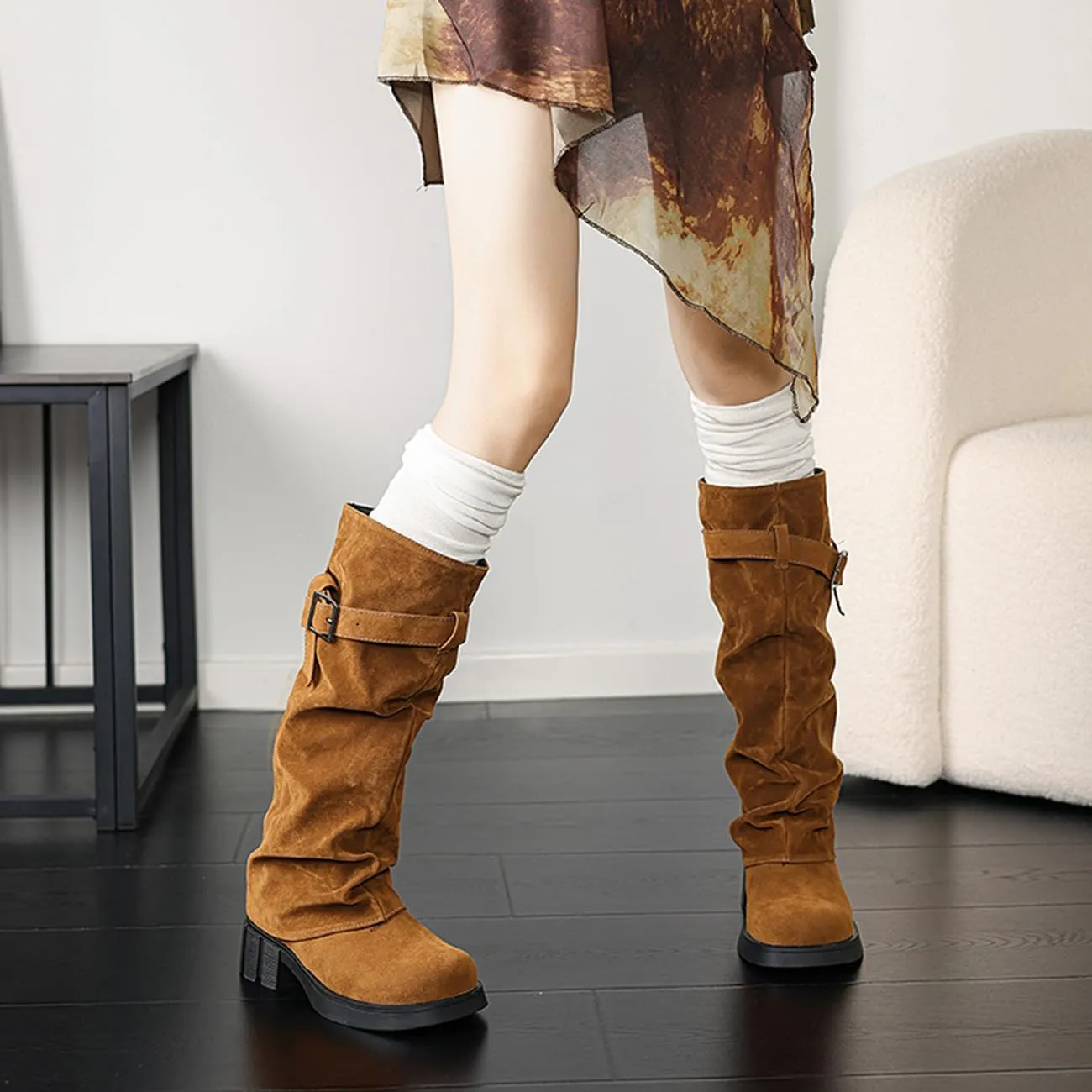 MRKEWUNEY Womens Chunky Low Heel Fold Over Boots Slouchy Biker Boots Platform knee High Boots