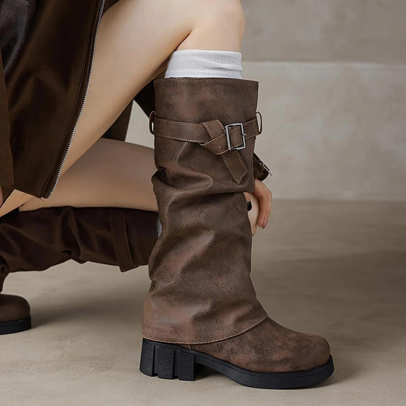 MRKEWUNEY Womens Chunky Low Heel Fold Over Boots Slouchy Biker Boots Platform knee High Boots