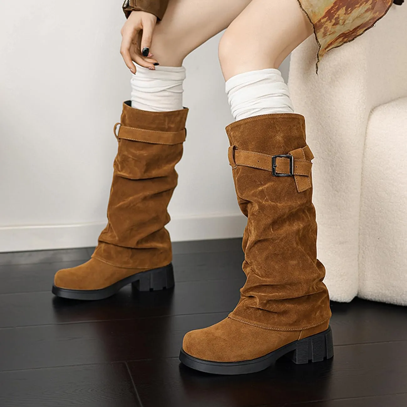 MRKEWUNEY Womens Chunky Low Heel Fold Over Boots Slouchy Biker Boots Platform knee High Boots
