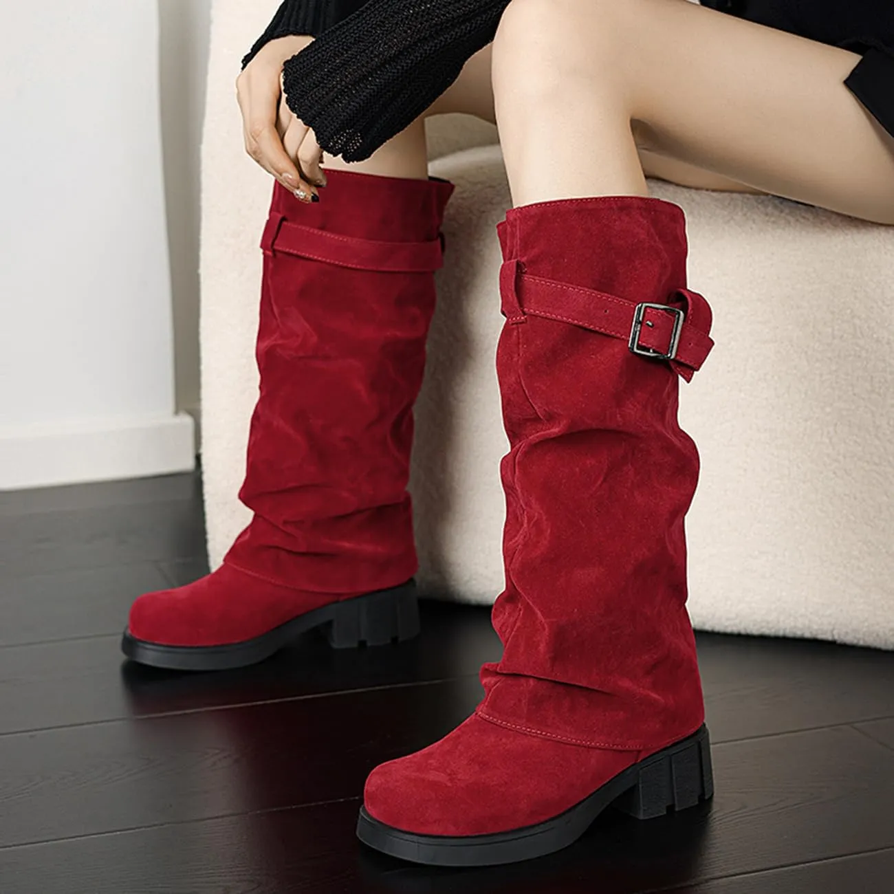 MRKEWUNEY Womens Chunky Low Heel Fold Over Boots Slouchy Biker Boots Platform knee High Boots
