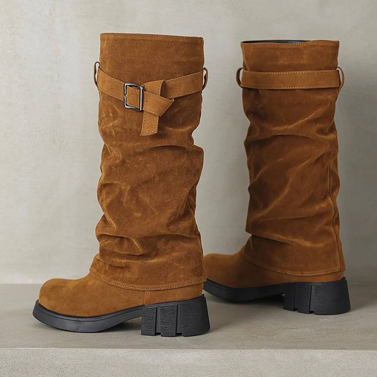 MRKEWUNEY Womens Chunky Low Heel Fold Over Boots Slouchy Biker Boots Platform knee High Boots