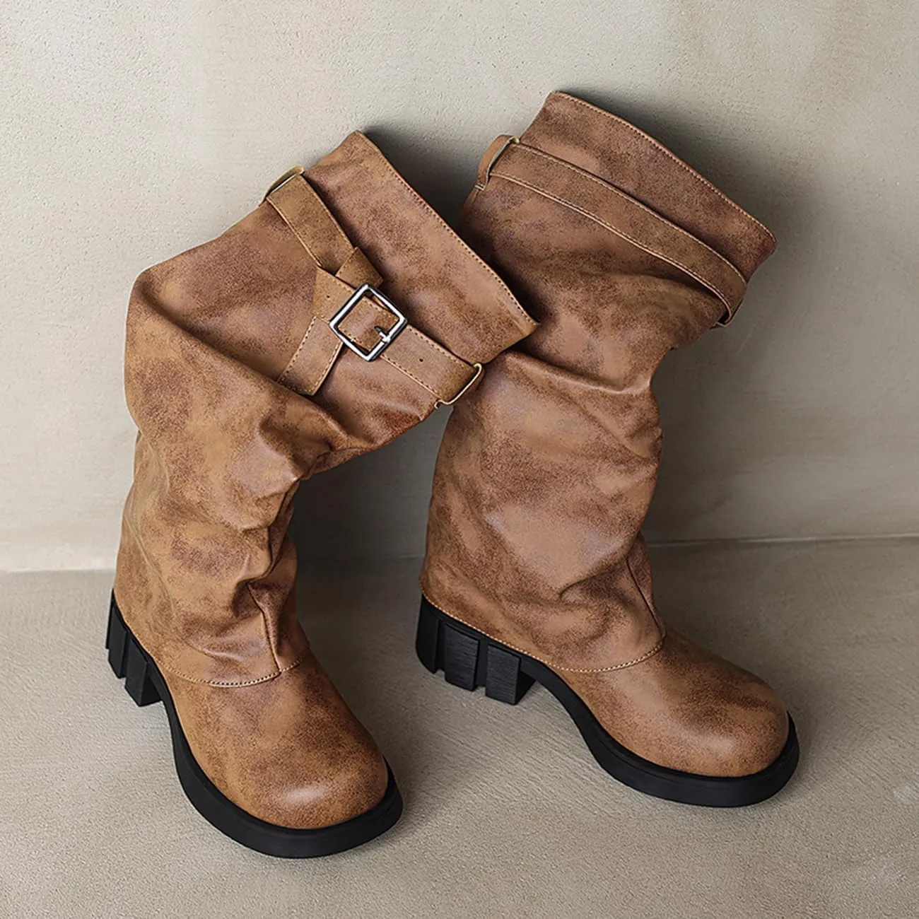 MRKEWUNEY Womens Chunky Low Heel Fold Over Boots Slouchy Biker Boots Platform knee High Boots