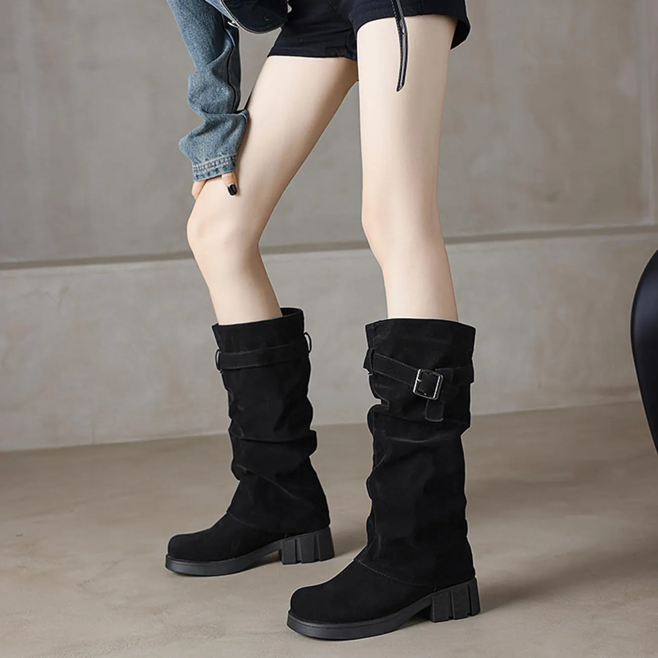MRKEWUNEY Womens Chunky Low Heel Fold Over Boots Slouchy Biker Boots Platform knee High Boots
