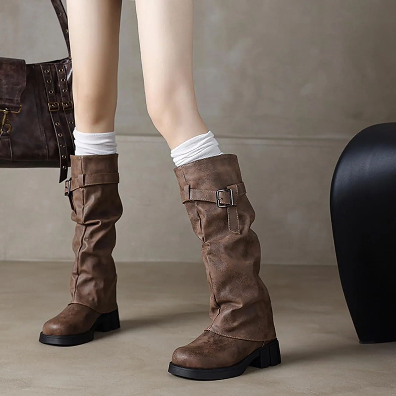 MRKEWUNEY Womens Chunky Low Heel Fold Over Boots Slouchy Biker Boots Platform knee High Boots