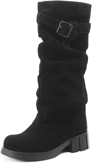MRKEWUNEY Womens Chunky Low Heel Fold Over Boots Slouchy Biker Boots Platform knee High Boots